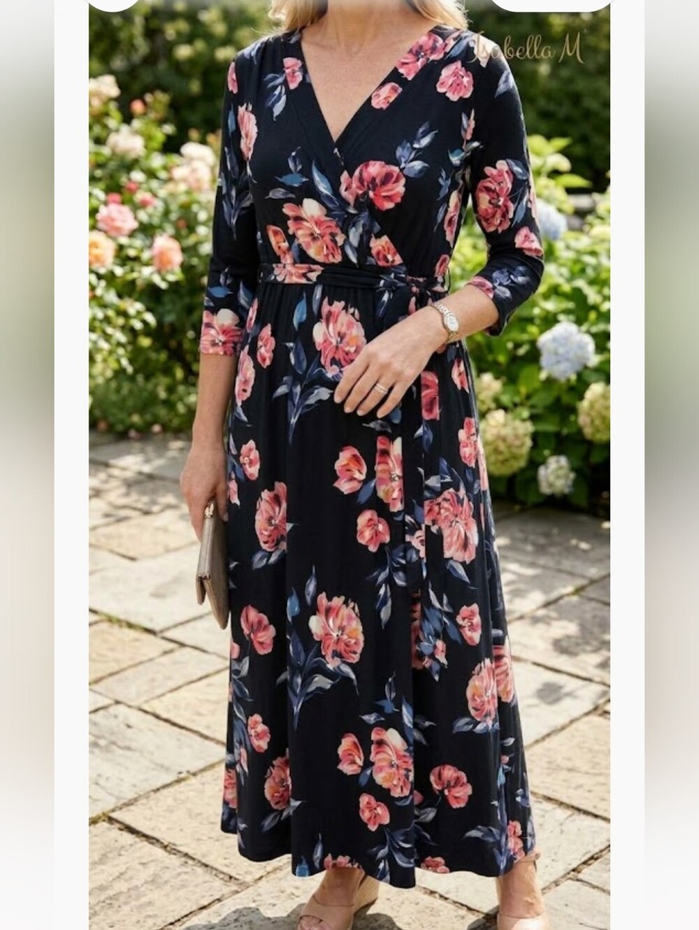 Black Floral Wrap Tunic Dress with Pink Blooms